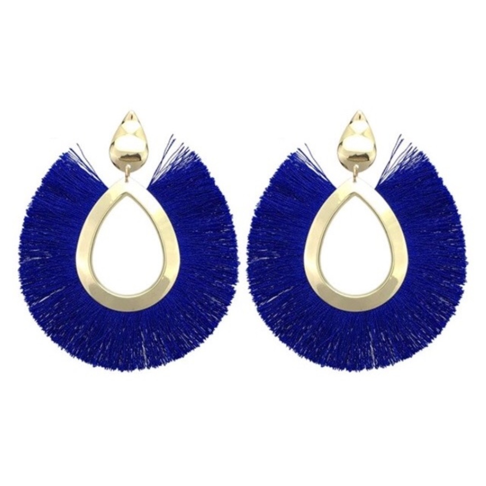 BOHO Gold Teardrop-shape Blue Fringe Earrings